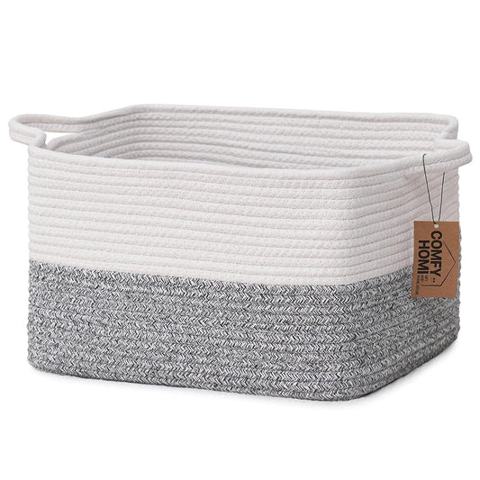 COMFY-HOMI Cotton Rope Woven Basket with Handles for Shelves,Toys,Book, Cloth Storage Baskets Bin for Organizing-13.5"x11"x9.5" Toy Decorative Organizer for Living Room, Bathroom-White/Grey