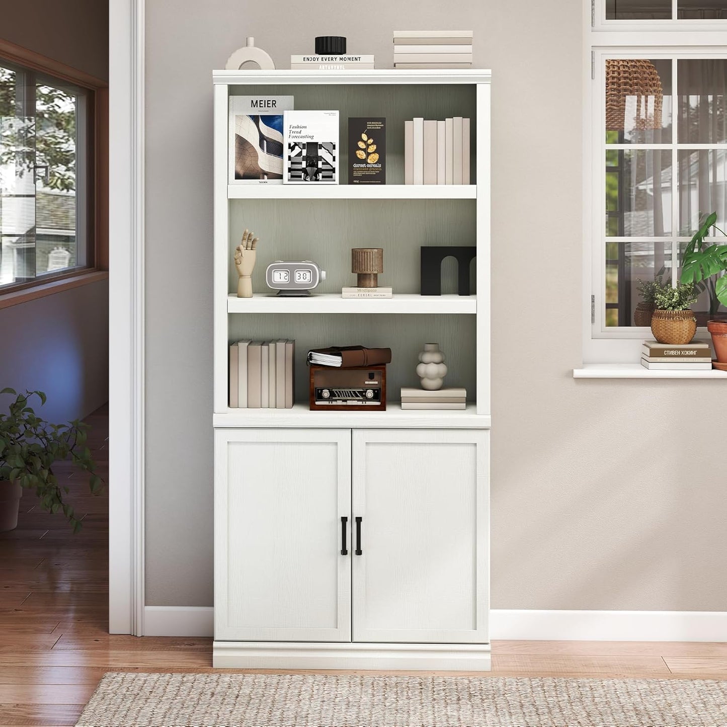 70 Inch Tall Bookcase with Doors, Library Office Bookshelf with Adjustable Shelves, Floor Standing Storage Cabinet for Bedroom Living Room Organizer with Anti Tipping Kit, Soft White Finish