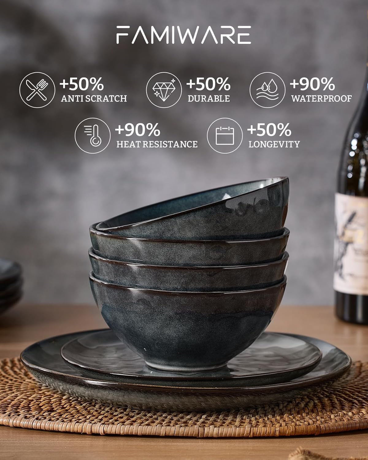 Famiware Dinnerware Sets for 8, Ocean Round 24-Piece Kitchen Plates and Bowls Sets, Microwave and Dishwasher Safe, Scratch Resistant, Deep Forest