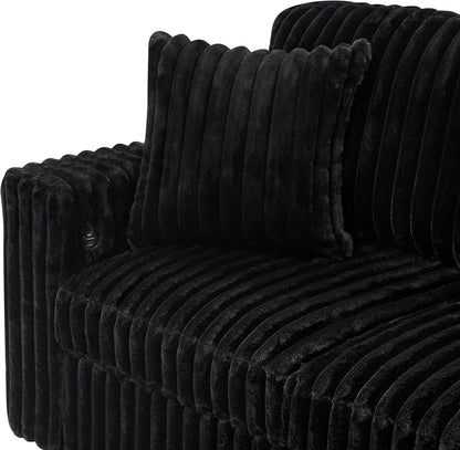 THSUPER 122-Inch Oversized U Shaped Plush Corduroy Fluffy Sectional Sleeper Sofa with Pull Out Bed, Storage Chaise Lounge and USB Charging Port - Black