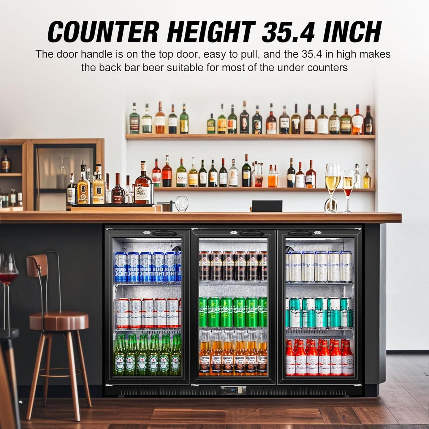 Beverage Refrigerator, 53.15W Inch 12 Cu.Ft Drink Fridge, Back Bar Beer Fridge with 3 Glass Door, 35.43" Height Beverage Cooler, Built-in & Undercounter Commercial Back Bar Cooler for Kitchen Shop Bar