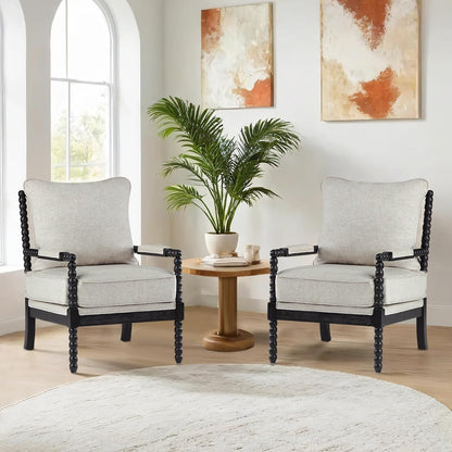 DUHOME Linen Fabric Spindle Accent Chairs Set of 2,Bobbin Chair with High Resilience Spring Cushion and Armrest Pads, Leisure Armchair for Living Room Bedroom Farmhouse Home Office Belcony