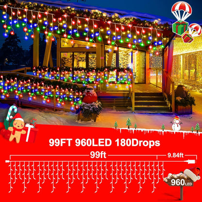 KNONEW 99ft 960 LED Christmas Lights Outdoor Decorations with 180 Drops, 8 Modes Curtain Fairy Light, Clear Wire LED String Light Indoor Decor for Wedding Party Christmas(Multicolor)