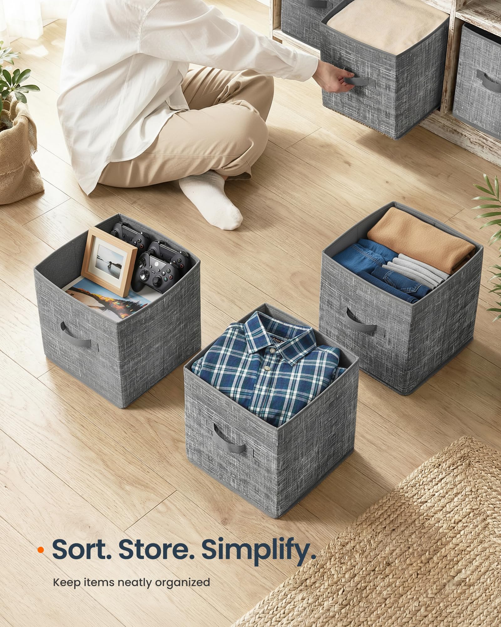 SONGMICS HOME Foldable Storage Cubes Set of 8, Fabric Shelf Organizer Bins with Handles, Closet