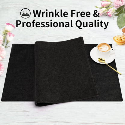 Cloth Placemats, Set of 4 Heat-Resistant Cotton Linen Blend Double Layered Machine Washable Place Mats, Wrinkle Free Thick Fabric Dining Table Mats for Indoors & Outdoors (Black, 4)