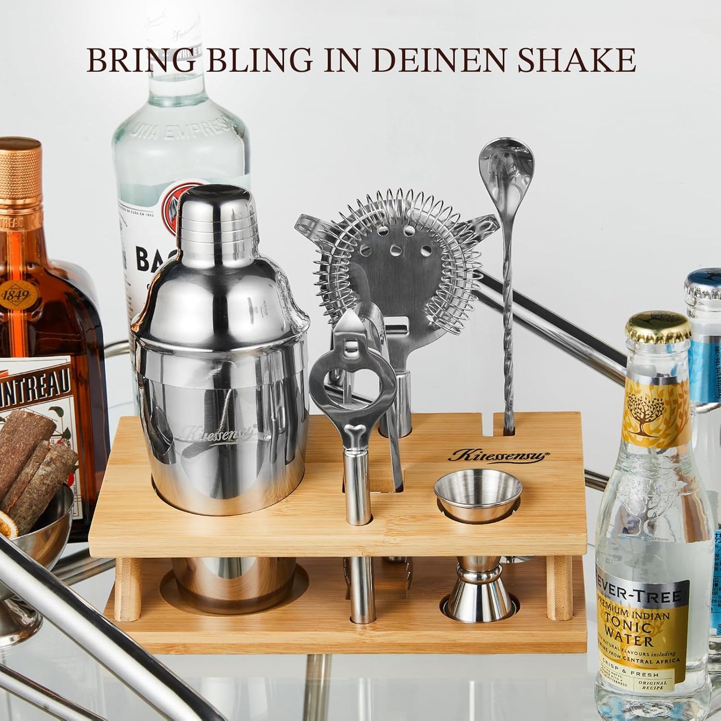 KITESSENSU Cocktail Shaker Set Bartender Kit, 6-Piece Silver Bar Set with Stand, Bar kit with Essential Bar Accessory Tools: Martini Shaker, Jigger, Strainer, Bar Spoon, Tongs, Opener