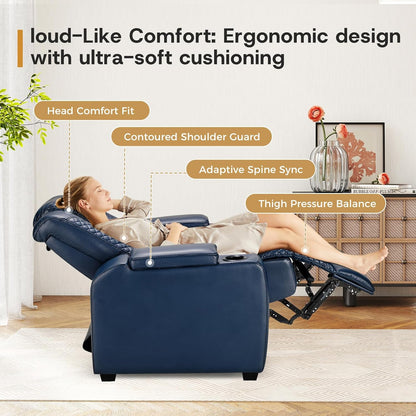 ANJ Power Home Theater Seating Set of 3, Blue Faux Leather Electric Recliner Chair with Powered Headrest, Dual Motors Movie Reclining Chairs with LED Lights,USB Port,Cup Holders, Hidden Arm Storage