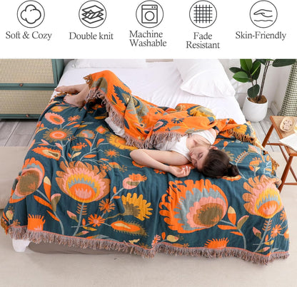 Snycler Boho Throw Blanket for Bed, 100% Organic Cotton Muslin Soft Throw-Orange Boho Floral Farmhouse Rustic Spring Summer Fall Decor Blanket for Couch Sofa Quilt and Gift, 60" x 80"