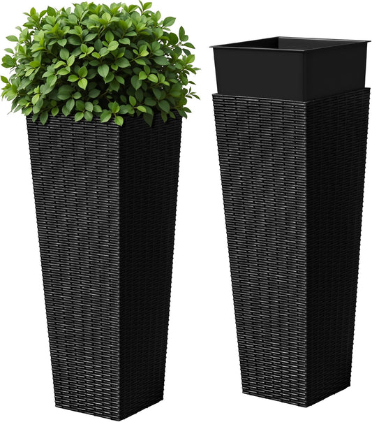 Devoko Resin Tall Planters for Outdoor Plants Set of 2, Large Taper Outdoor Planter Pots with 4 Drainage Holes, Flower Pots Modern Decor for Porch, Patio, Backyard, Home Garden (Black, 32")