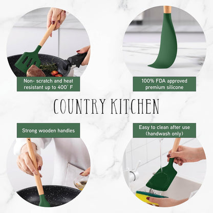Country Kitchen Non Stick Silicone Utensil Set with Rounded Wood Handles for Cooking and Baking, 14 Piece Set, Green