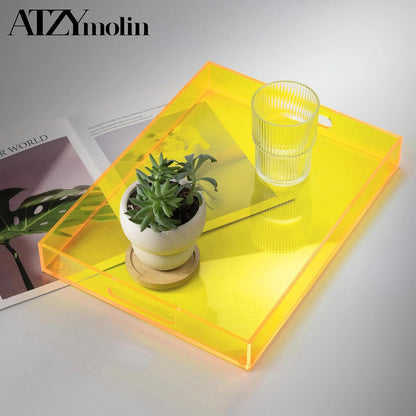 Large Acrylic Serving Tray Decorative Ottoman Coffee Table Vanity Tray Tea Fruit Platter Snack Appetizer Dessert Drink with Handles for Bar Kitchen Party, Neon Yellow