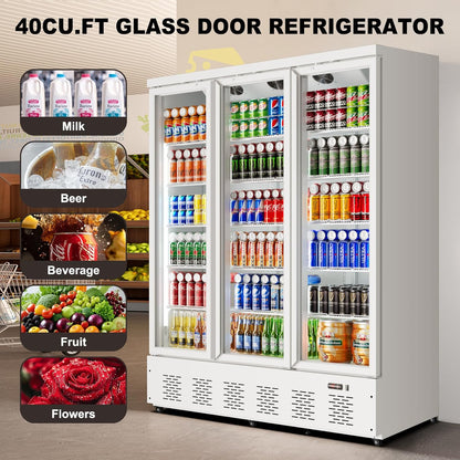 40.5 Cu.ft. Commercial Refrigerators 3 Glass Door Beverage Refrigerators Commercial Fridge Upright Cooler with Soft LED Light and 15 Adjustable Shelves for Restaurant Grocery Stores Home