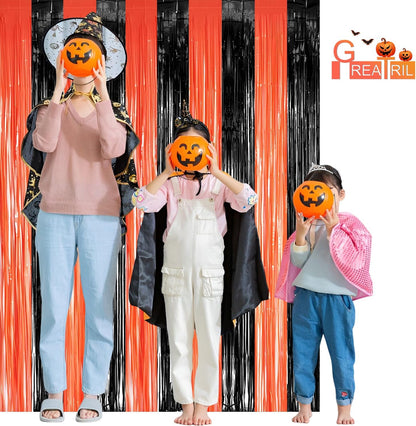 Black Orange Streamers Party Backdrop - GREATRIL Tinsel Fringe Curtain for Halloween Decorations/Pumpkin/Birthdays Party Decoration - 3.2ft X 8.2ft - 2 Packs