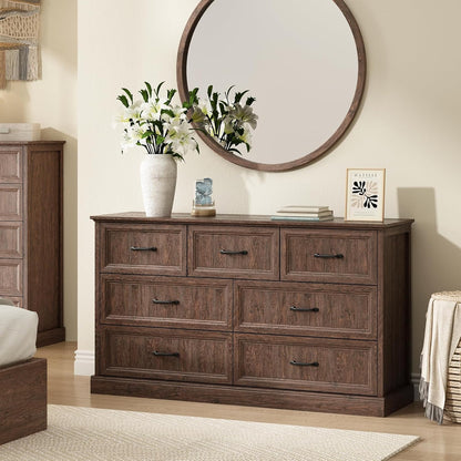 Farmhouse 7 Drawer Dresser for Bedroom, 55 Inch Wide Modern Brown Dresser TV Stand with Large Drawers & Bar Handles, Rustic Wood Chest of Drawers for Bedroom, Living Room, Hallway, Entryway.