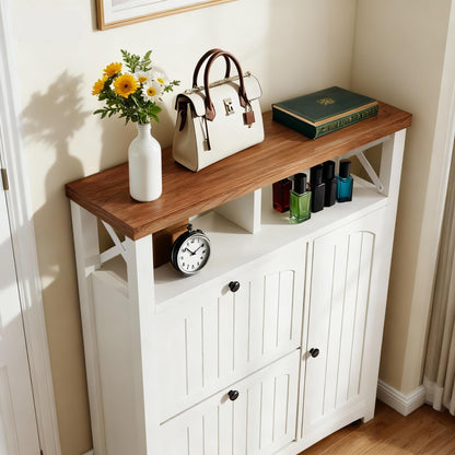 YITAHOME Farmhouse Shoe Cabinet with 2 Flip Drawers, Wood Shoe Rack w/Adjustable Shelves and Open