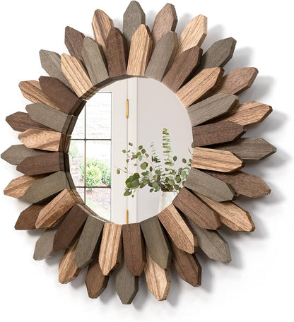 Honiway Boho Wall Decor 12 inch Decorative Mirror with Rustic Wood Sunburst Frame, Perfect for Bedroom, Living Room, Bathroom, Kitchen