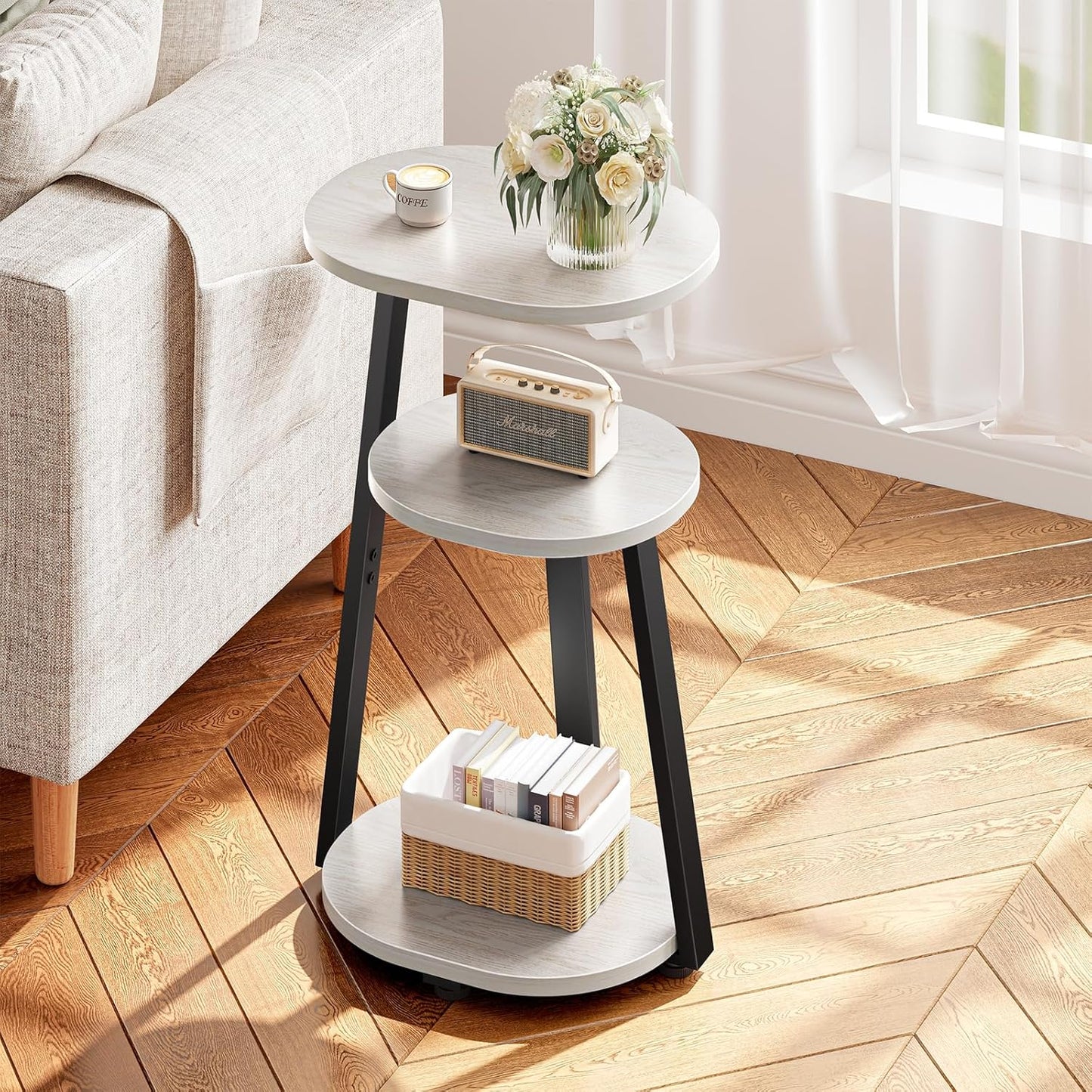 Side Table, Small End Table with Metal Frame, 3-Tier Bedside Tables, Round Side Tables for Living Room Bedroom Couch Bathroom, Oval, White Maple