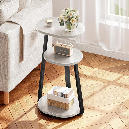 Side Table, Small End Table with Metal Frame, 3-Tier Bedside Tables, Round Side Tables for Living Room Bedroom Couch Bathroom, Oval, White Maple