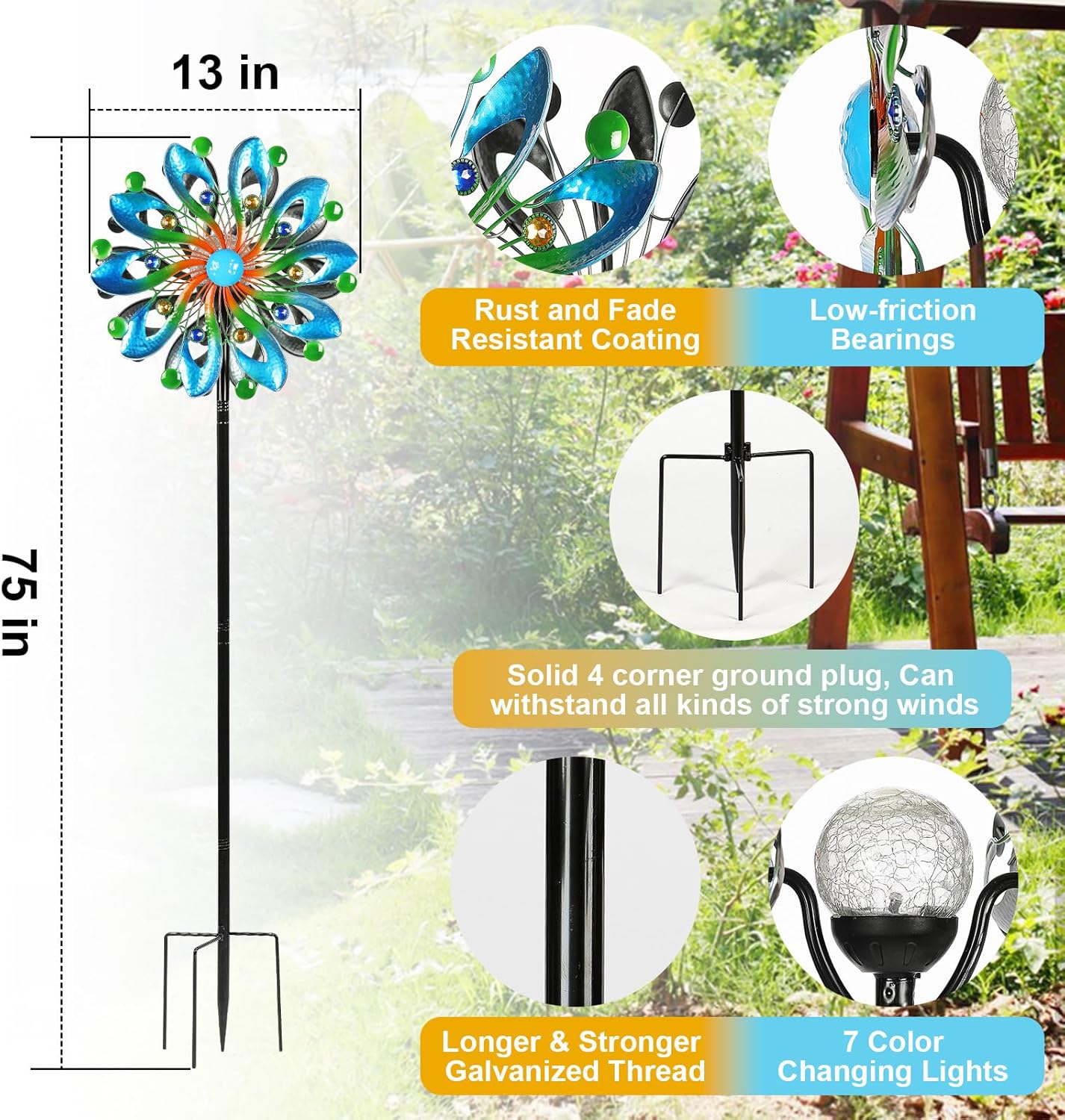 Wind Spinners for Yard and Garden - Wind Sculptures & Spinners, 75 Inch, Navy Blue, Kinetic Art with Solar Powered Multi-Color Glass Ball Light