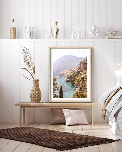 HesenDot Natural OAK Wood Framed Italy Coastal Wall Art,12x16in Amalfi Coast Canvas Wall Print,Positano Seascape Boho Poster Wall Decor for Living Room,Bedroom,Office Gallery Set of 1