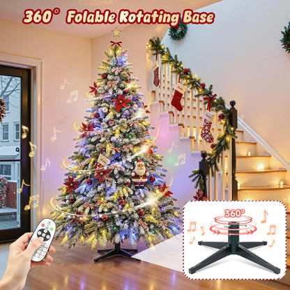 7.5ft Pre-lit Artificial Christmas Tree with Remote, Snow Flocked Xmas Trees Rotating & Foldable Stand, RGB & Warm White Light for Home Decor
