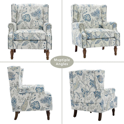 Lumibee Wingback Accent Chair, 2 Set High Back Floral Armchairs in Fabric,Comfy Upholstered Reading Single Sofa Chairs with Solid Wood Legs for Living Room,Bedroom,Office-Plants Blue