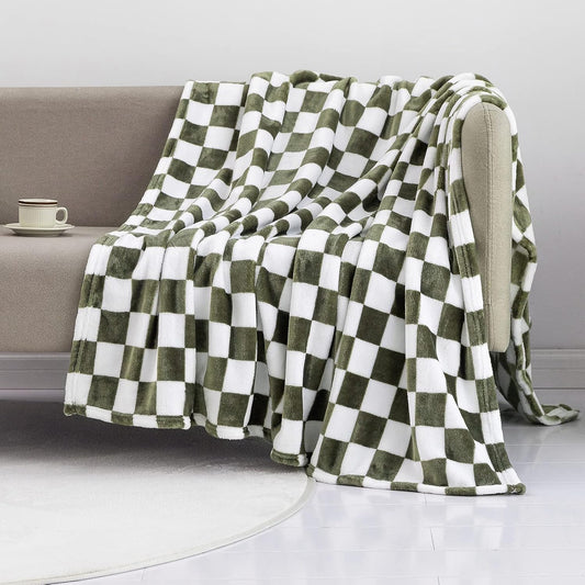 LOMAO Throw Blankets Flannel Blanket with Checkerboard Grid Pattern Soft Throw Blanket for Couch, Bed, Sofa Luxurious Warm and Cozy for All Seasons (Dark Olive, 60"x80")