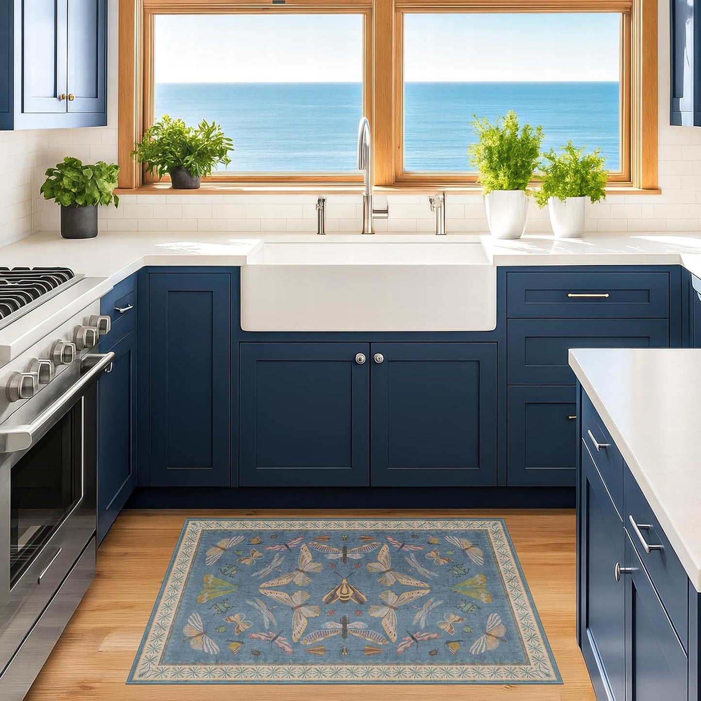 Blue 2x3 Washable Rug for Entryway Indoor, Kitchen Floor, Bathroom, Non Slip Low Pile Stain & Fade Resistant, Waterproof Insect Floral Decor