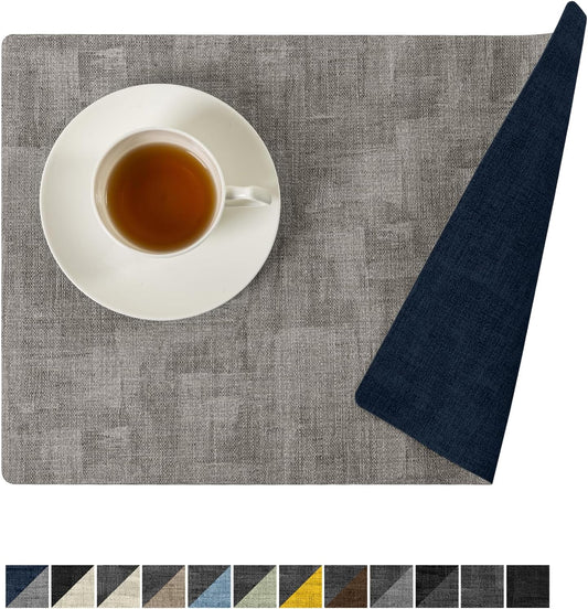 Romanstile Reversible Vinyl Placemats Set of 6, Faux Leather 100% Waterproof Oil-proof Wipeable Place Mats, Heat Resistant Dual Sided Table Mats for Kitchen/Dining/Party (Grey Nave Blue, 12 x 17 Inch)