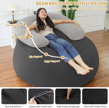 HABUTWAY Bean Bag Chair with U-Shaped Pillow for Adult and Kids Big BeanBag Chair with Filling Ultra Soft Teddy Fleece Couch Chair with Washable Cover for Living Room Bedroom, Dark Grey & Light Grey