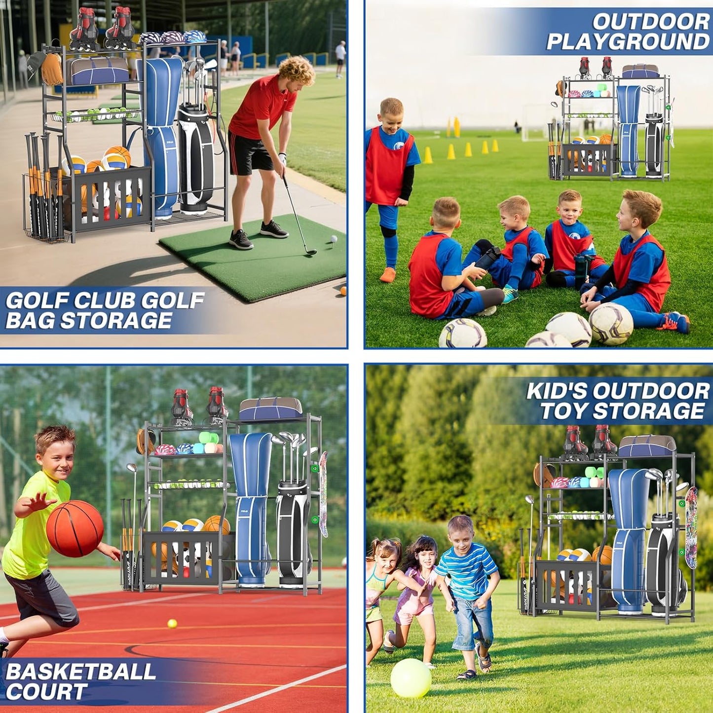 Garage Sports Equipment Organizer, Strong Load Bearing Golf Bag Organizer, Multi Use Golf Ball Rack Basketball Rack for Sports Gear and Outdoor Toy Ball Storage