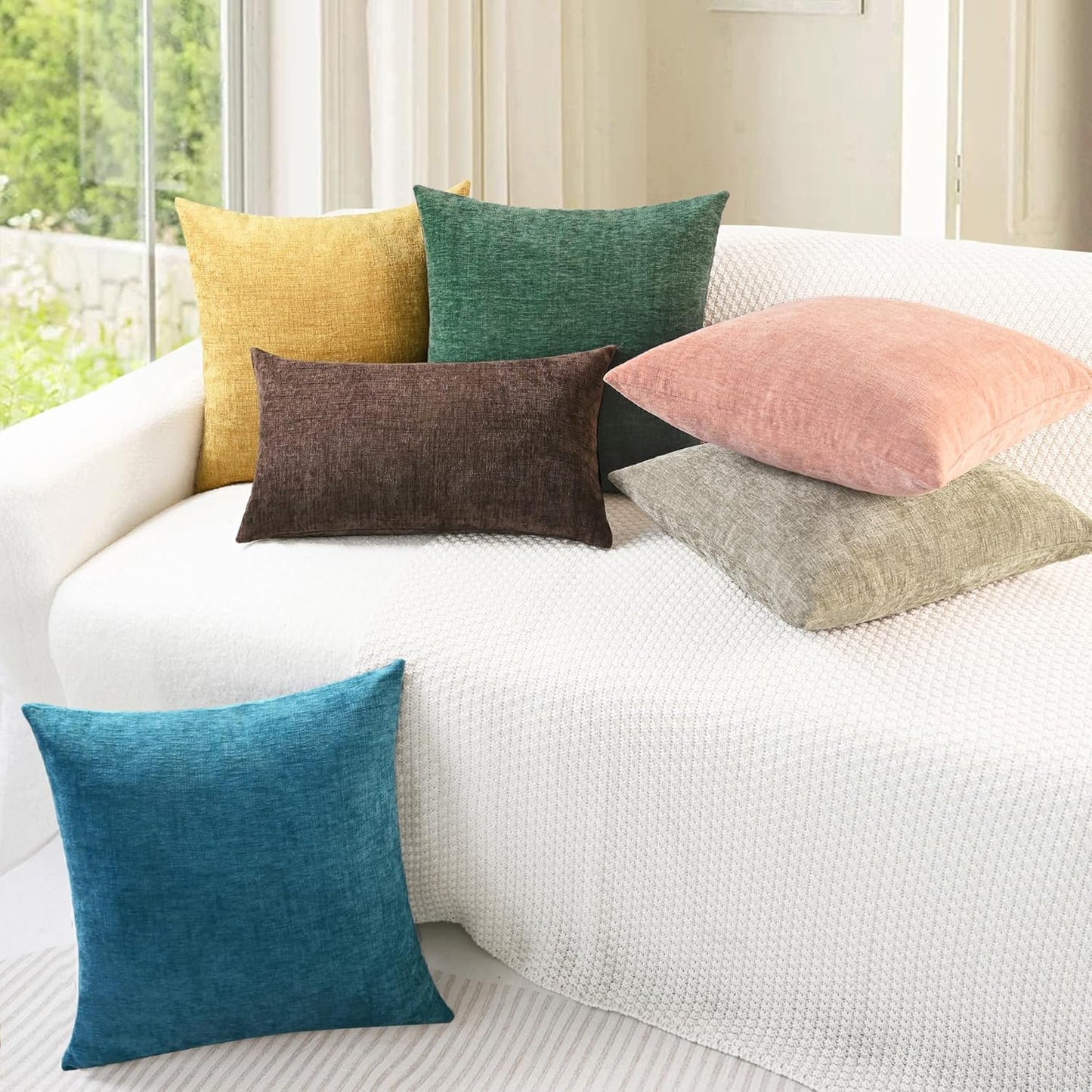 CaliTime Throw Pillow Covers Decorative 20 X 20 Inches Pack of 2 Cozy Chenille Cushion Cases for Couch Sofa Bed Living Room Home Dark Green