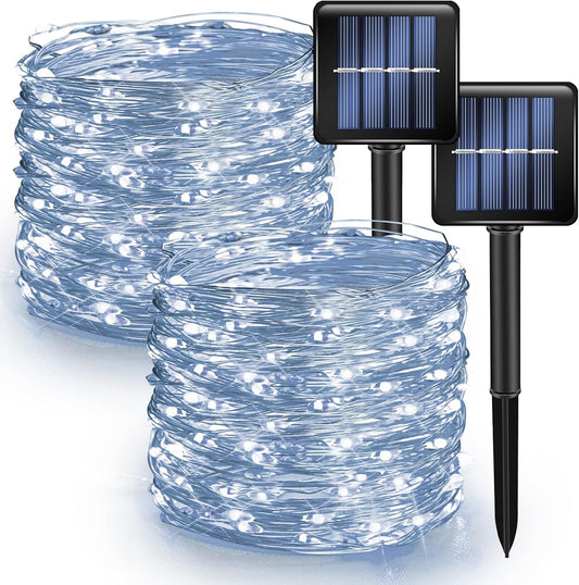 Dazzle Bright 2 Pack Solar String Lights Outdoor, Total 80FT 240LED Solar Powered Waterproof Fairy Lights 8 Modes, Copper Wire Lights for Christmas Patio Party Tree Yard Decoration (White)