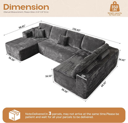 Cloud Sectional Couches for Living Room,U Shaped Modular Sofas No Assembly,133x68 Inches Plush Corduroy Oversized Floor Couch Set with Deep Seat Chaise,Grey
