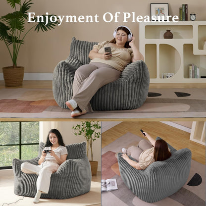 Giant Plush Bean Bag Chair for Adults with Armrests - Oversized Comfy Light Grey Beanbag Lounge Lazy Floor Sofa Accent Chair for Living Room, Bedroom & Dorm, Cozy Fluffy Single Cloud Mini Couch