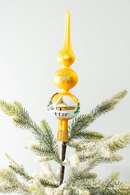 Christmas Tree Topper Spitz Glass Mouth Blown Hand-Decorated Embellishments (Gold, 12 inch)