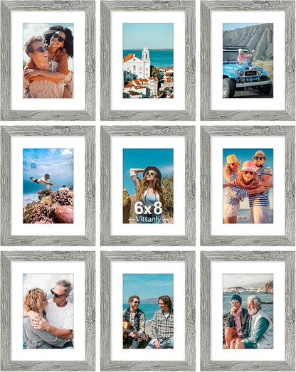 Vittanly 6x8 Picture Frames Set of 9, Shatter Resistant Plexiglass, Display 4x6 Pictures with Mat or 6x8 without Mat, Photo Frames for Wall or Tabletop, Engineered Wood, Grey