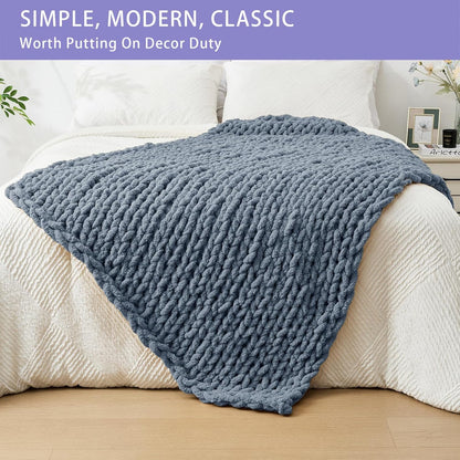Bigacogo Chunky Knit Throw Blanket for Couch, 40x60 inches, 100% Hand Knitted with Thick Jumbo Chenille Yarn, Cozy Soft Large Rope Knot Cable Crochet Blankets for Sofa Bed Living Room, Cold Sea Blue