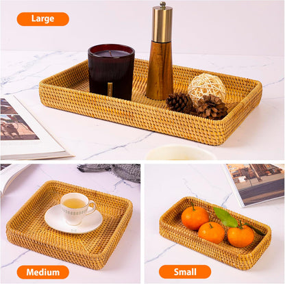 Handmade Rattan Serving Trays, Set of 3, Woven Rectangular Storage Baskets