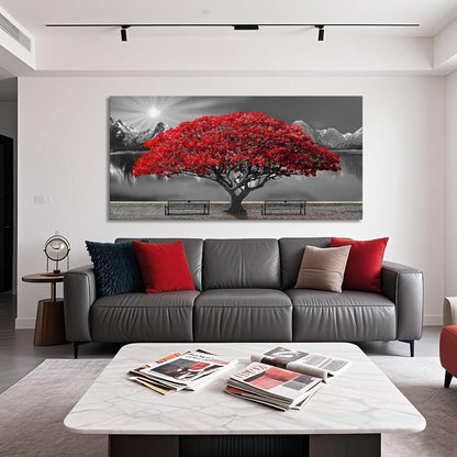 Black and White Red Tree Wall Art Canvas Print Picture Large Red Tree Landscape Modern Artwork for Living Room Bedroom Office Home Wall Decoration Decor With Frame 20x40in