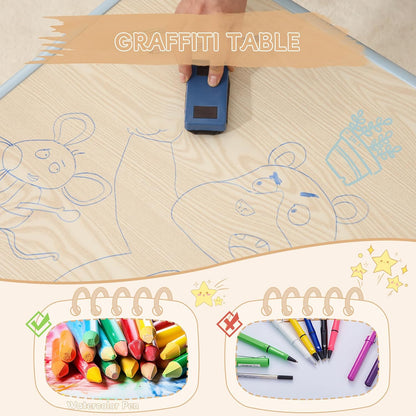 Height-Adjustable Kids Table and Chairs, 31.5''L x 23.6''W Toddler Table and 4 Chairs Set with Anti-Slip Foot Covers, Children Activity Table for Ages 2-10, Graffiti Desktop