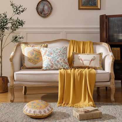 patdrea Design Yellow Linen Throw Pillow Covers Pack of 4, French Square Lumbar Round Pillowcase, Soft Durable Cushion Cases Pillowcase for Couch Bedroom Car Living Room 4 PCS