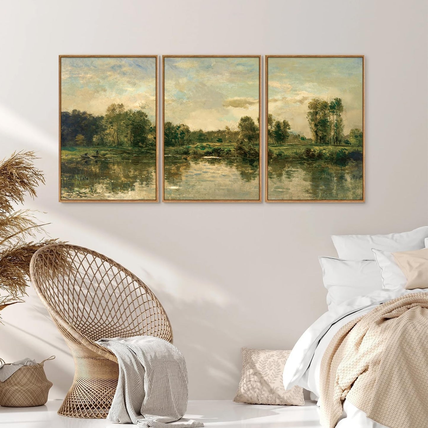 Tinonedraw Vintage Nature Framed Canvas Wall Art Set of 3, French Country Wall Decor, Olive Green Trees Art Paintings, Rustic Landscape Farmhouse Art Prints for Living Room Bedroom Office 24"x36"x3