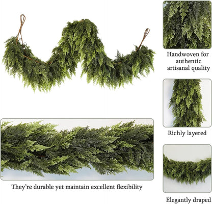6 Ft Artificial Cedar Garlands – Real Touch Winter Greenery, Realistic Artificial Cedar Tree Christmas Pine Garland Decorations for Table Mantle Wall Indoor Fireplace Holiday Party (5ft, 2)