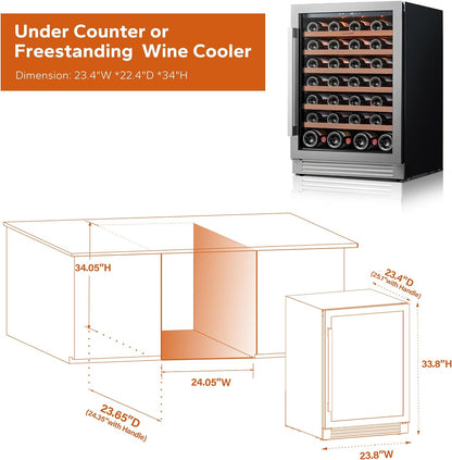 Ca'Lefort 24 Inch Wine Fridge, 54 Bottle Wine Cooler Refrigerator, 40-65°F Wine Refrigerator Glass Door, 3 LED Wine Fridge, Built-in or Freestanding Wine Fridge for Home/Bar/Kitchen (5.65 cu.ft)