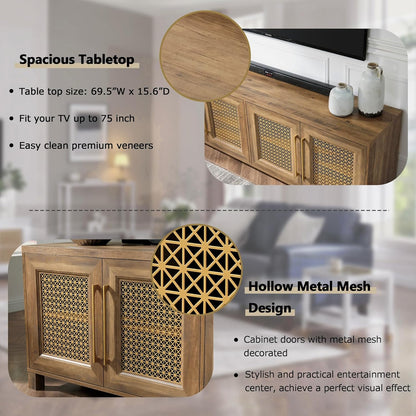 JYED Mid Century Modern TV Stand for TVs up to 75 Inch, with Hollow Metal Mesh Decorated，Boho TV Console with Storage Cabinet,Cable Holes, TV Stand for Living Room, 69.5"x15.6"x24.8", Rustic