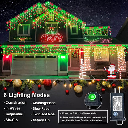 Icicle Lights for Outside, 33FT 400 LED Christmas Lights Outdoor with Waterproof 8 Modes, Plug in Connectable String Twinkle Light for Indoor Roof Window Garden Fence Party Decorations, Red Green