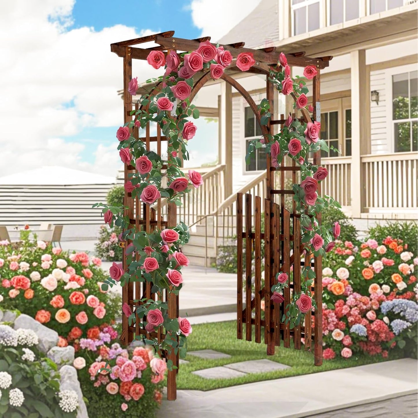 VINGLI 85in Wooden Arbor, Wedding Arch for Ceremony, Wood Trellis for Plant Climbing, Christmas Decor Pergola for Garden Backyard, Lawn (Carbonized Wood)
