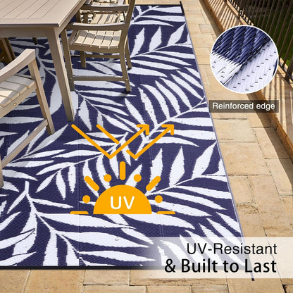 OLANLY Waterproof Outdoor Rug 9x12 ft, Reversible Outdoor Plastic Straw Rug with Leaf Pattern, RV Mat, Indoor Outdoor Carpet for Patio, Camping, Balcony, Deck, Backyard, Navy & White