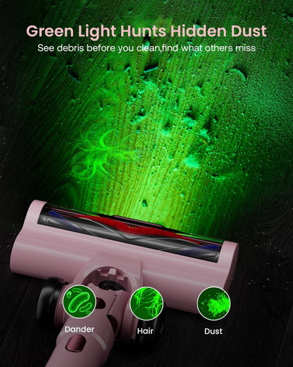 Cordless Vacuum Cleaner for Home, Upgraded 60Kpa Powerful Suction Pet Hair Vacuum with 70min Runtime, Green LED Light for Hardwood Floors & Carpet, Self-Standing Rechargeable Stick Vacuum, Pink